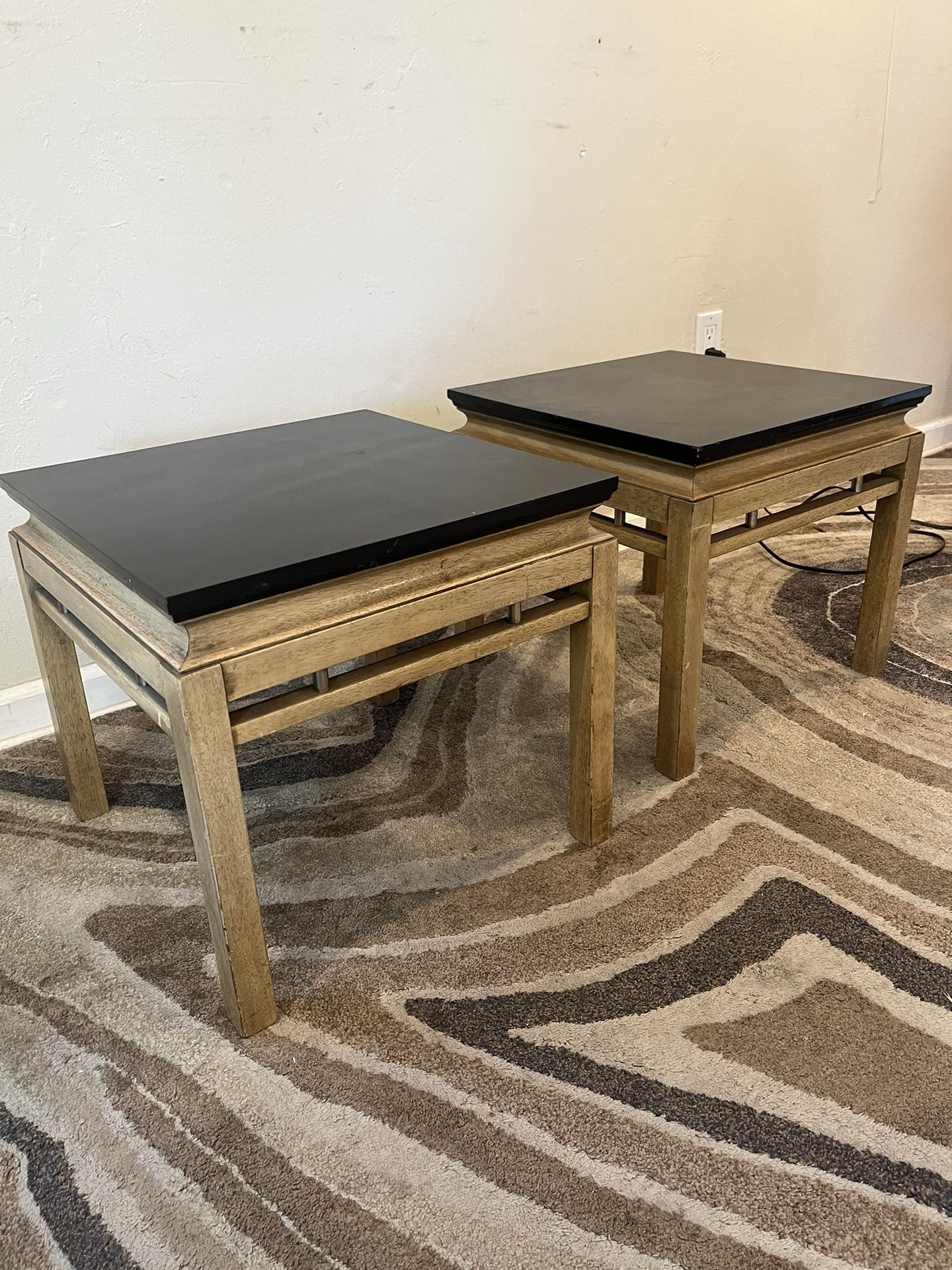 Two Vintage Modern End Tables Wood Black Tops