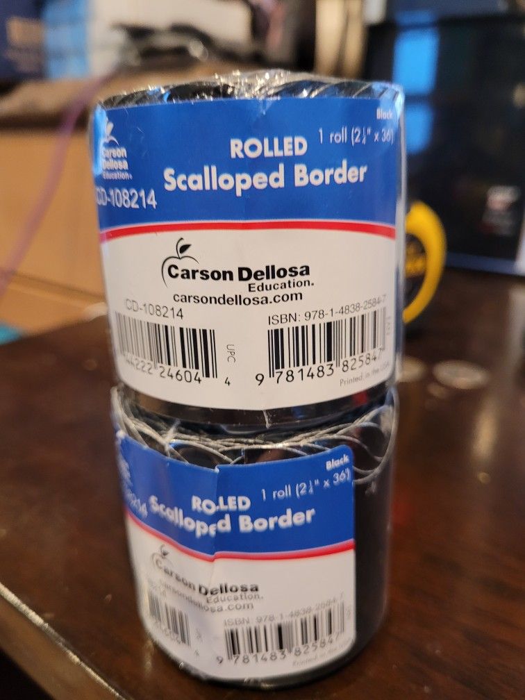 2 Carson Dellosa Scalloped Bulletin Board Border—Black Rolled Border for Bulletin Boards, Desks, Locker Displays, Homeschool or Classroom Decor (2.25"