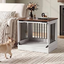 27 Inch Flip-Up Door Dog Crate Furniture for Small Dogs Wooden Dog Kennel as Nightstand End Table, Fits French Bulldog, Antique White & Walnut Finish