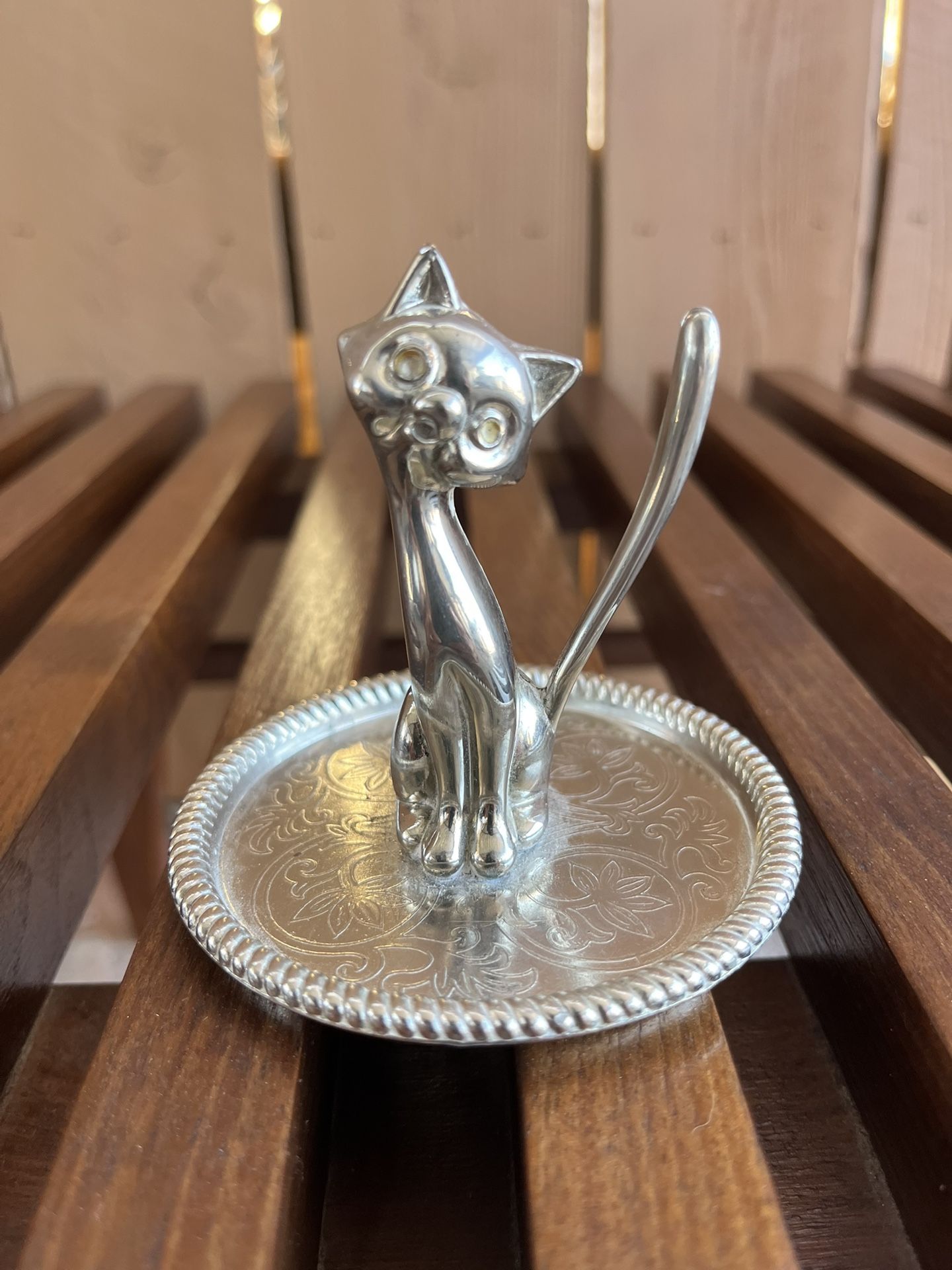 Vintage Silver Plated Cat Ring Dish Ring Holder Jewelry Dish