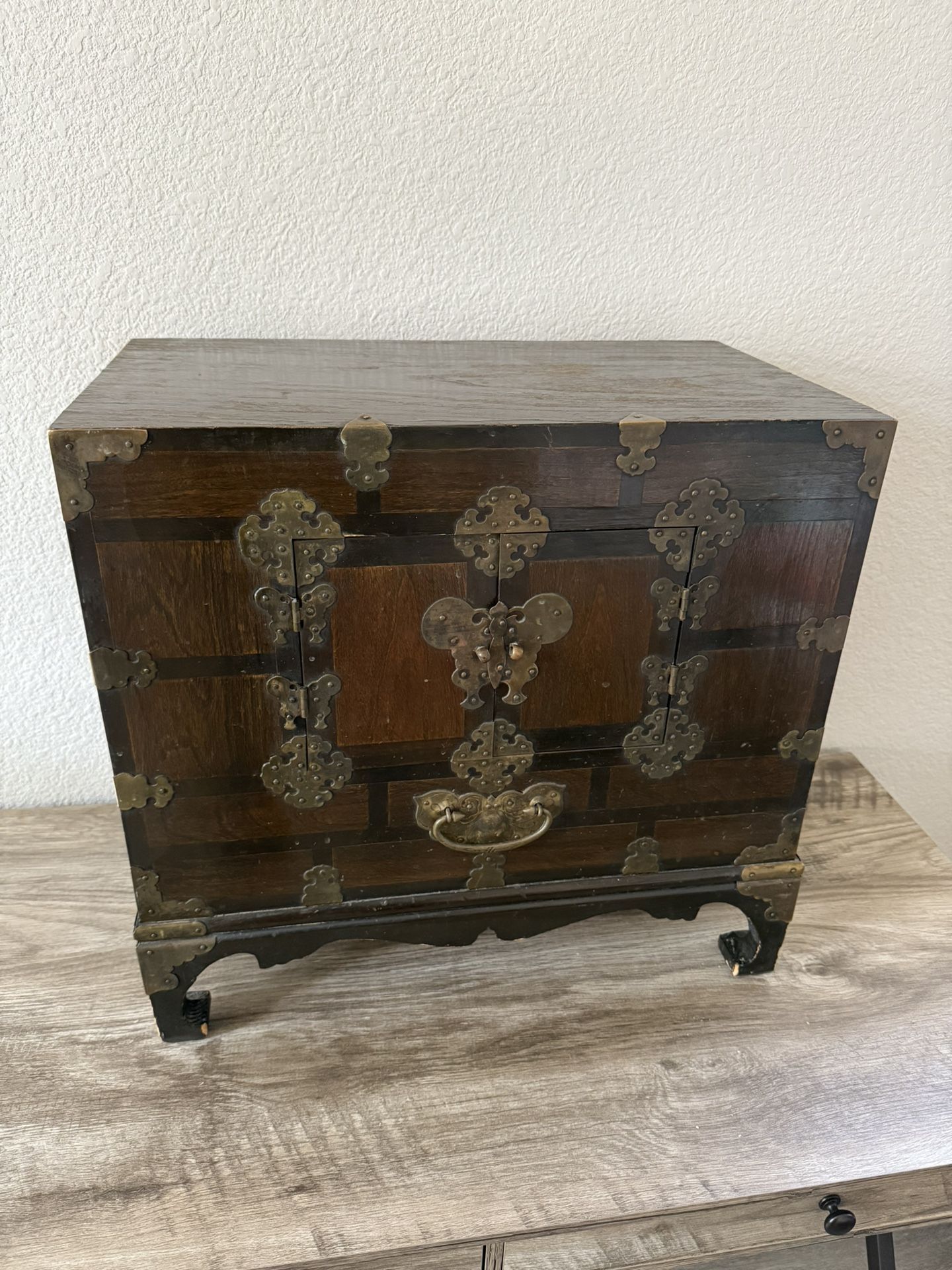 Antique Korean Tansu Butterfly Cabinet or Chest with Brass Inlay