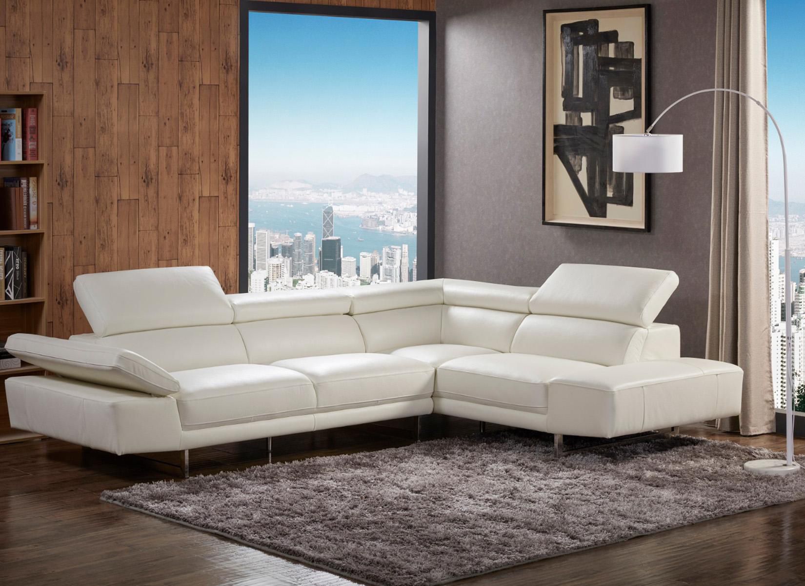 White Italian Leather & Adjustable Headrests Sectional