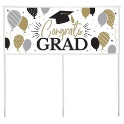 New In Pack "Congrats GRAD" Standing 20x48" Giant Yard Banner Gold, Black, White