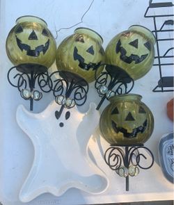 Halloween Jack-O-Lantern Glass Globe Stake Lights Set of 4