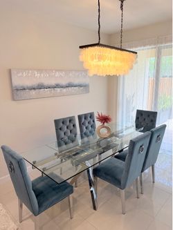 Modern Extendable Dining Set – Table + 6 teal color Velvet parsons Chairs