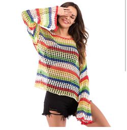 Stripped Women's Long Sleeve Knitwear Rainbow Knitted Fishnet Top