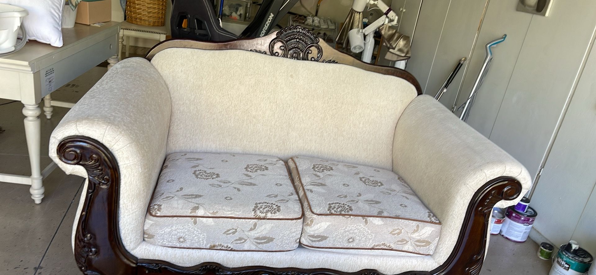 Elegant Carved Wood Loveseat โ Classic Cream Upholstery โ Pickup in Irvine