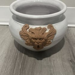 Lions Head Glazed Clay Pottery Planter 