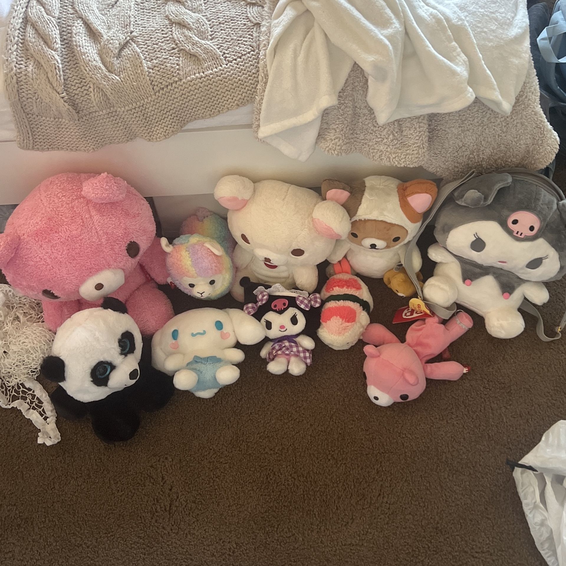 plushies priced 1$ to 15$ rilakkuma hello kitty cinnamoroll )