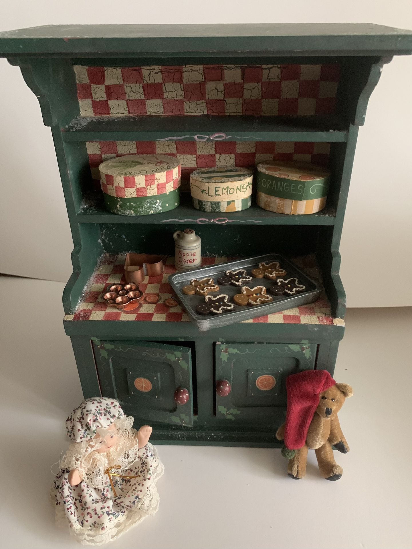 Vintage Dollhouse Furniture Cabinet Accessories Bisque Doll Kitchen Winter Christmas