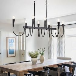 1949: 48 Inch Black Industrial Chandelier, 8-Light Linear Farmhouse Dining Room Ceiling Light for Kitchen Island, Adjustable Hanging Chain, E26 Bulb B