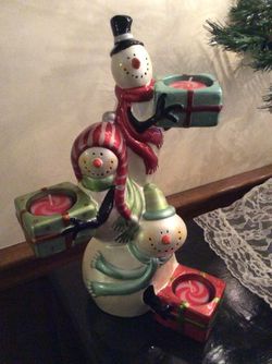 3 snowmen ceramic candle holder NEW