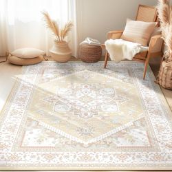 New 5x7 Area Rugs for Living Room Washable Non Slip Carpet Low Pile Soft Vintage Print Pattern Rug for Bedroom Dining Room Kitchen Entryway Indoor-Cre