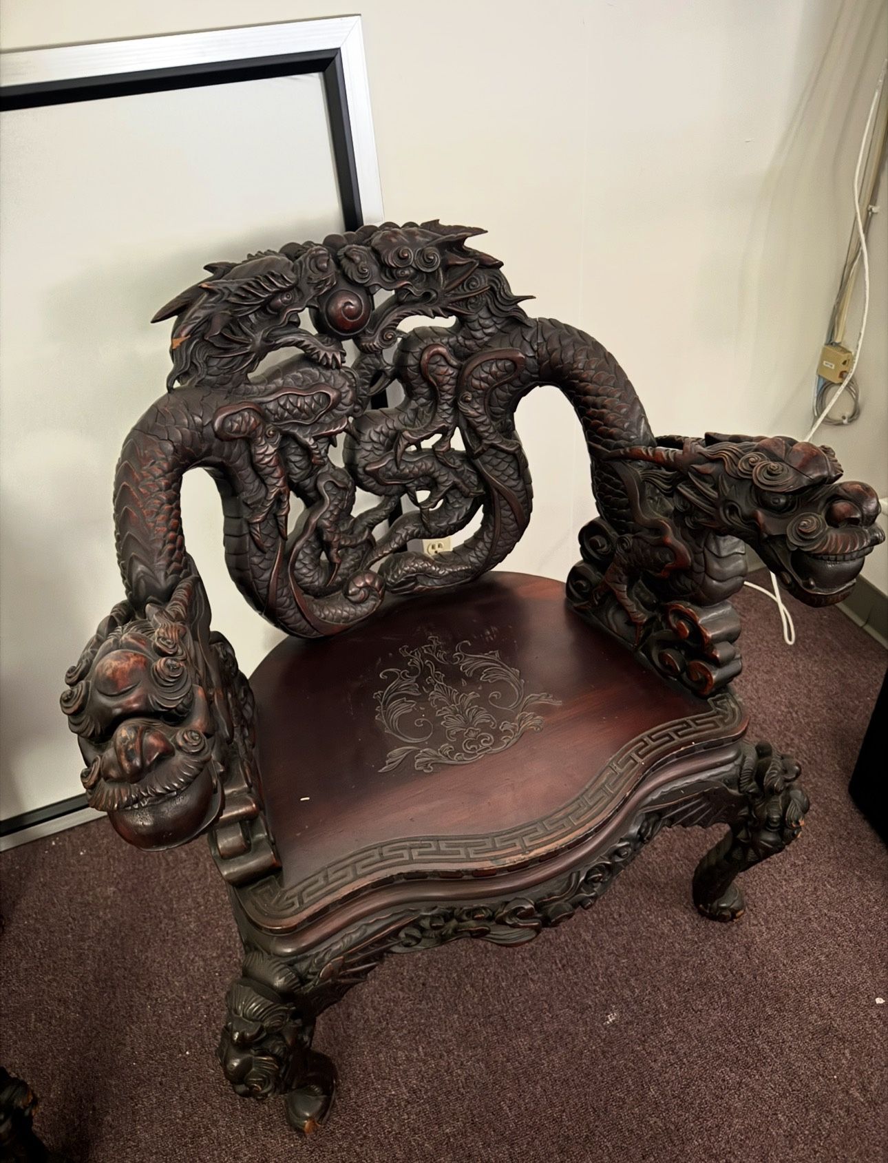 Hand Carved Asian Dragon Bench / Throne Chair – Heavy Solid Wood