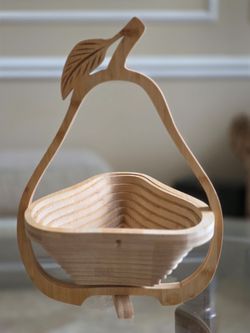 Vintage Wooden Pear Basket Expandable Accordion Fruit Bowl Folding Wood Decor
