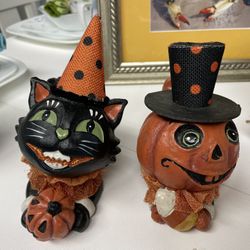 Vintage, Halloween Figures, Pumpkin And Cat Decor