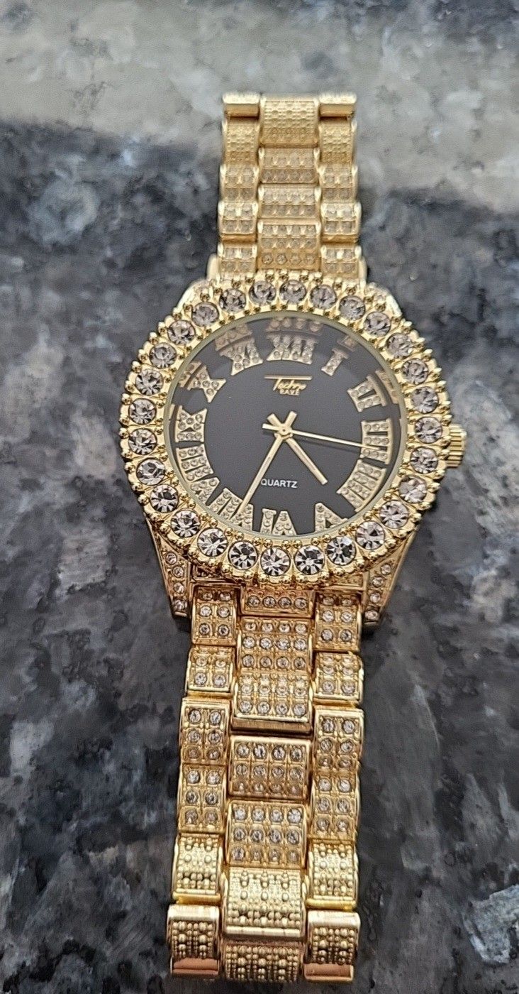 New Iced Out Gold Plated Stainless Steel Watch Great Fathers Day Gift