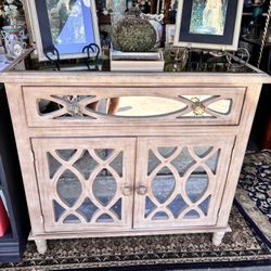 Mirrored light color wood buffet cabinet with one drawer and storage, Hollywood regency coastal