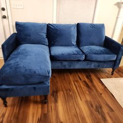 new assembled small space sectional couch reverse side velvet blue 