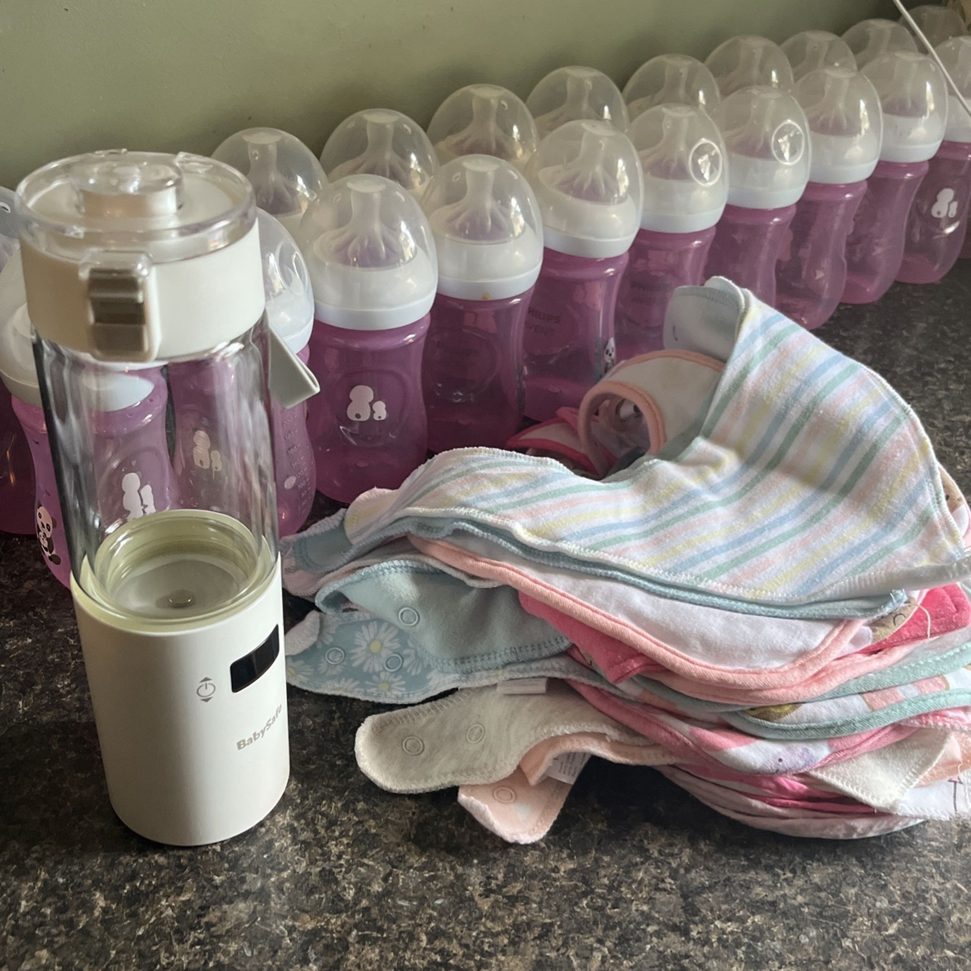 22 Pink Baby Bottles…portable Baby Bottle Warmer…..bibs