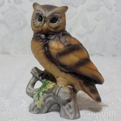 Vintage 1970s Ceramic Owl Figurine On A Branch  Handpainted Statue 6" H x 4" W