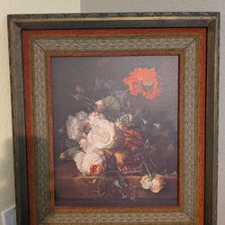 Vintage framed floral still life reproduction in the Dutch master style By Van Huysum
