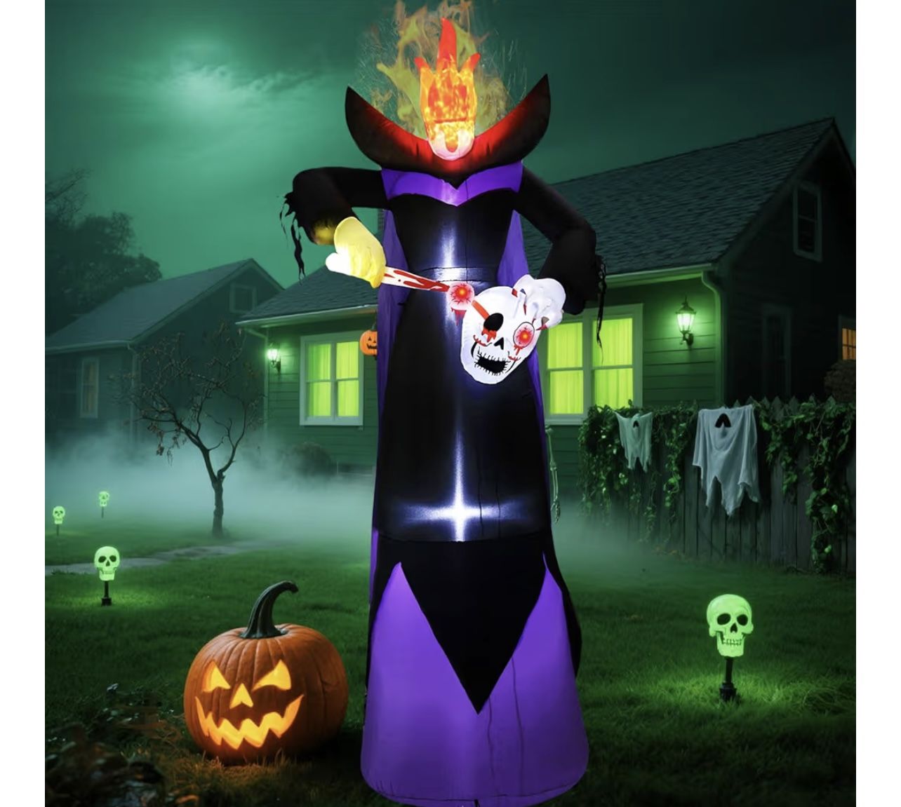 Spooky 10FT Halloween Inflatables Headless Grim Reaper with Flame LED Lights Carving Eyeball from Skull Holiday Blow Ups for Ultimate Halloween Yard L
