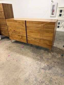 MCM Style Solid Wood 6 Drawer Dresser with Gold Detail