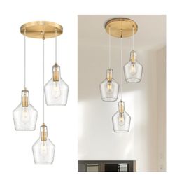 Brushed Gold Pendant Light, 3-Light Seeded Glass Chandelier, Modern Pendant Lights for Kitchen Island, DYE286G2-3 BG