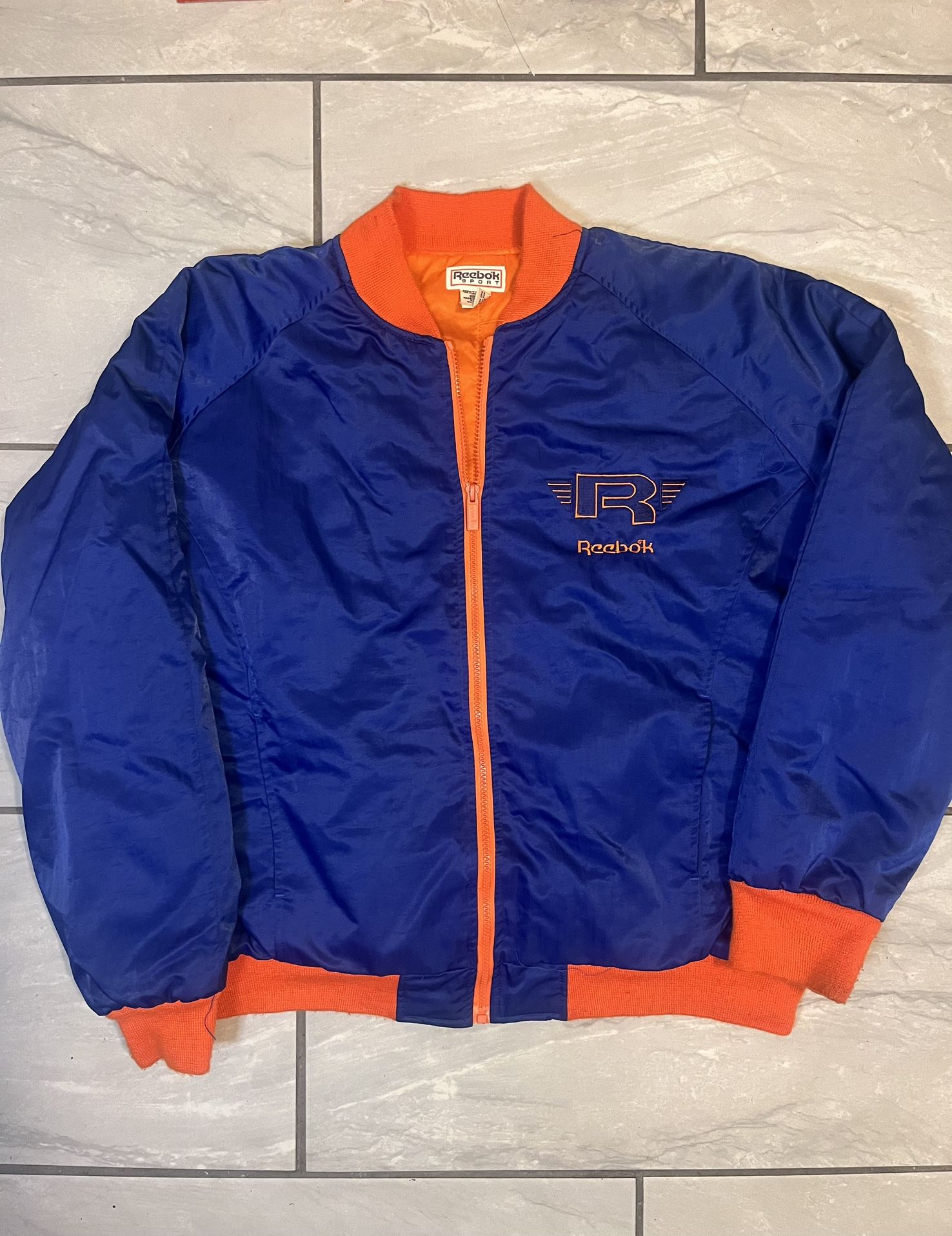 Vintage REEBOK Sport Blue Orange VARSITY BOMBER Nylon Jacket Embroidered Size L