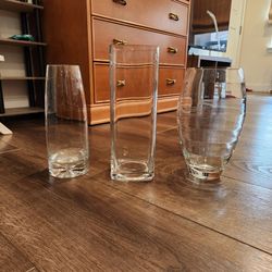 3 different design clear glass decorative vases, good condition