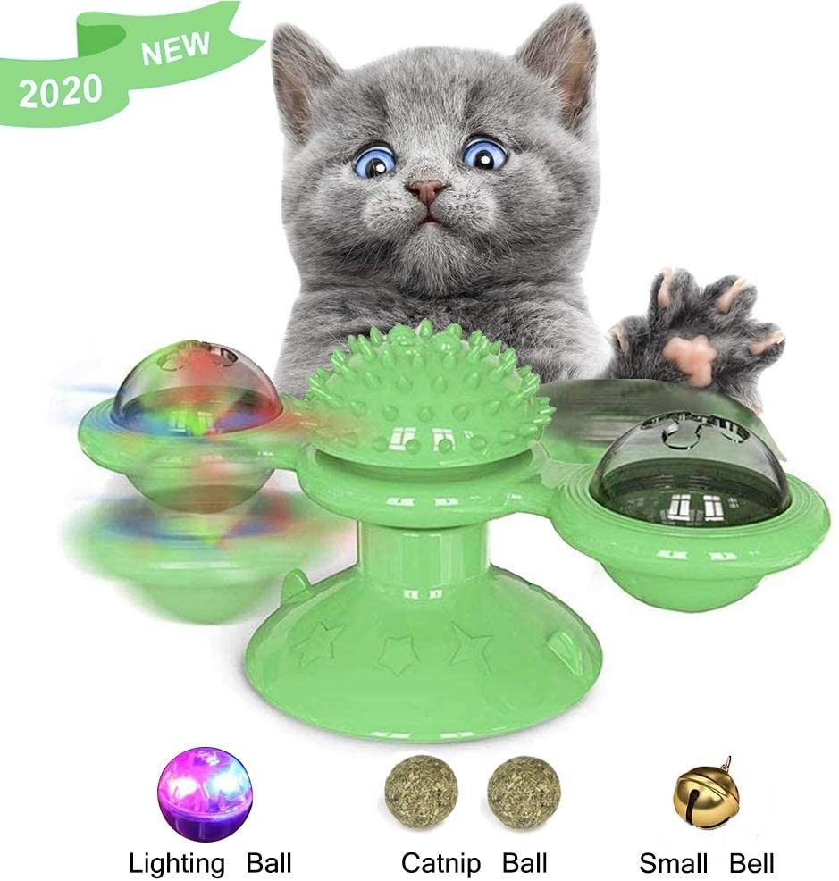 Windmill Cat Toy, 2020 Upgrade Cat Turntable Teasing Interactive Toy Portable Funny Kitten Windmill Ball Soft Silicone Scratching Tickle Cat Toy