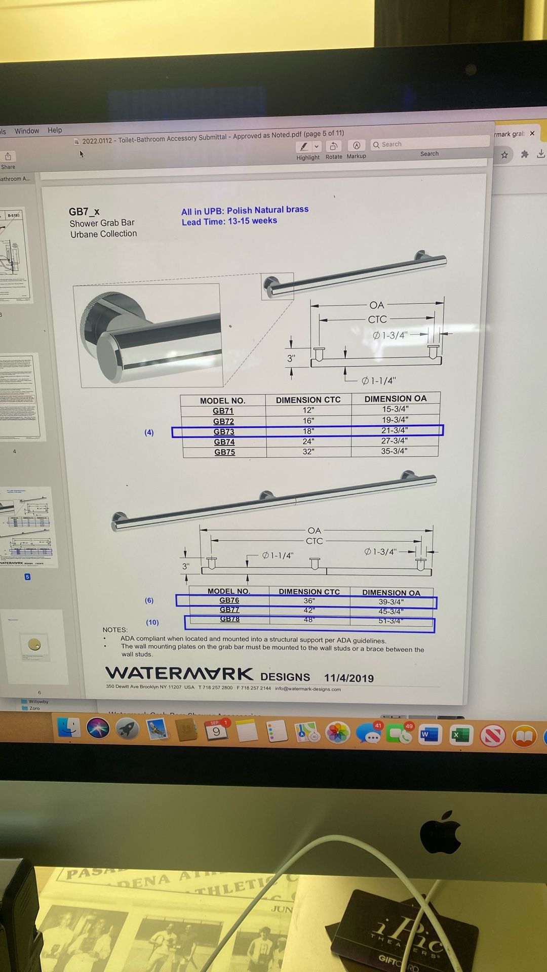 Watermark Polished Natural Brass Grab Bars