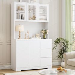 70.9'' Kitchen Pantry Cabinet with Charging Station and LED Light, 3 Drawers Buffet Storage Cabinet with Glass Doors and Adjustable Shelves, White