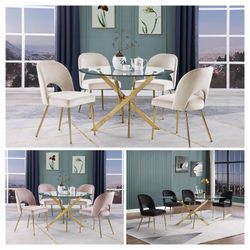 ART DECO VIBE 5 PIECE ROUND DINING TABLE SET CLEAR GLASS TOP PINK VELVET GOLD PLATED BASE CREAM PINK OR BLACK 