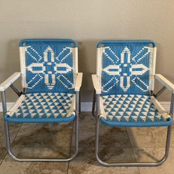 2 Vintage Macrame Folding Lawn Chairs 