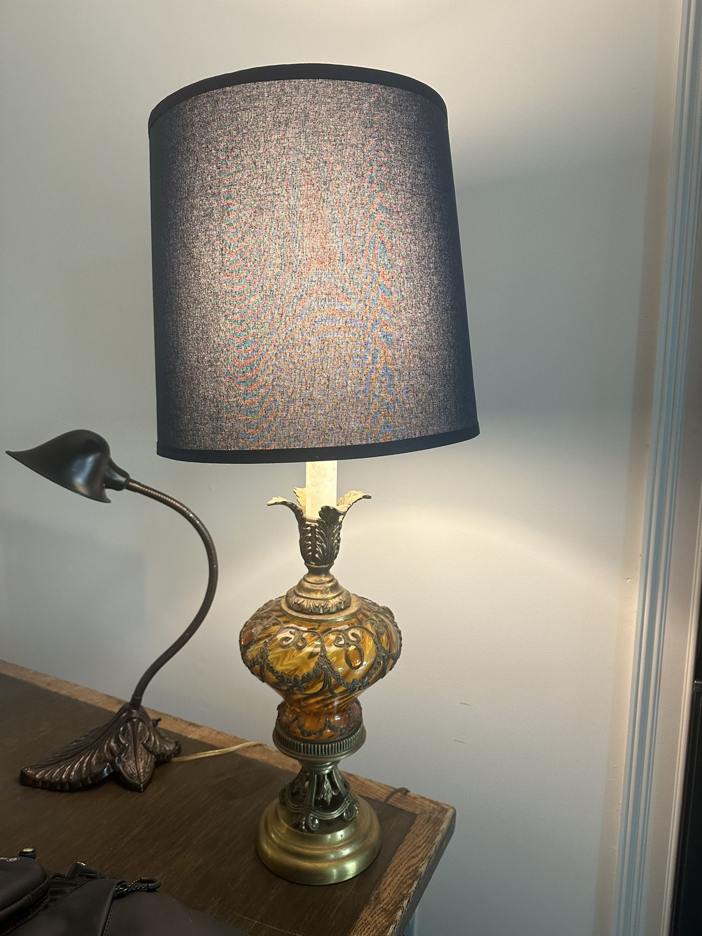 Pair Of Vintage Amber Glass & Antique Brass Lamps With New Navy Shades