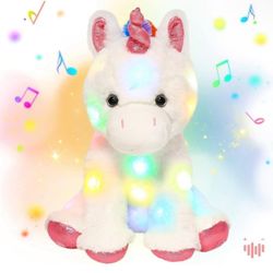 Hopearl LED Musical Stuffed Unicorn Light up Singing Plush Toy Adjustable Volume Lullaby Animated Soothe Birthday Festival for Kids Toddler Girls, Whi