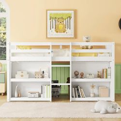 Twin Low Loft Bunk Bed with Storage Shelves, Safety Guardrail & LED for Kids,White
