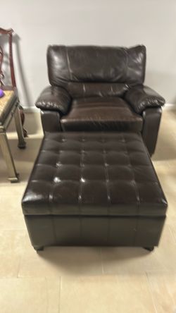 Leather chair with leather ottoman with storage dark brown
