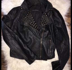 Rock & Republic Womens Sz S Black Faux Leather Jacket Studded Zip Moto Biker EUC