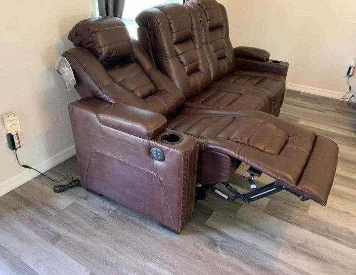 Super Sale | Genuine Leather Brown Power Reclining Sofa Couch With Adjustable Headrest,Cup Holders, USB Port | Brand New Theater Couch | Owner's Box