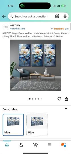 3pc Navy Blue Floral Wall Art, 24x48in - C40