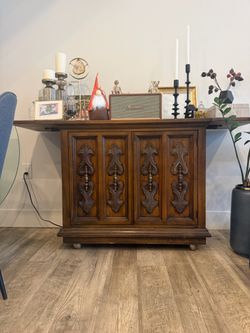 Vintage Wood Cabinet with Carved Doors