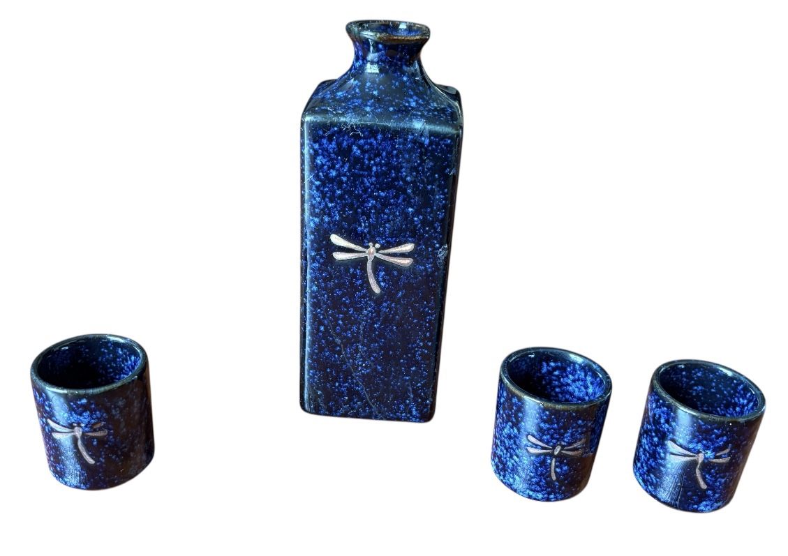 Sake Japanese Traditional Dark Blue 4 Pc Dragonfly Design Set