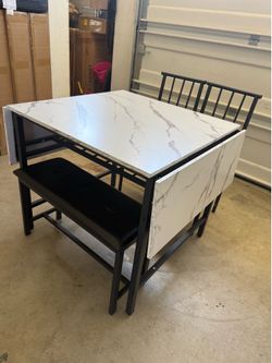 4-Piece Faux Marble Drop Leaf Dining Table with Storage Rack, Space Saving Breakfast Nook Table Set with 2 Backrest Chairs and 1 Upholstered Bench, Ki