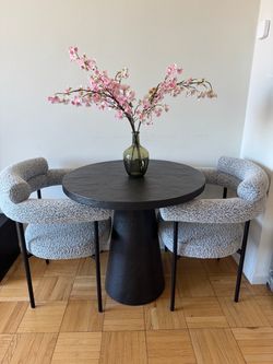 Crate & Barrel Willy 32" Charcoal Round Pedestal Dining Table + Chairs