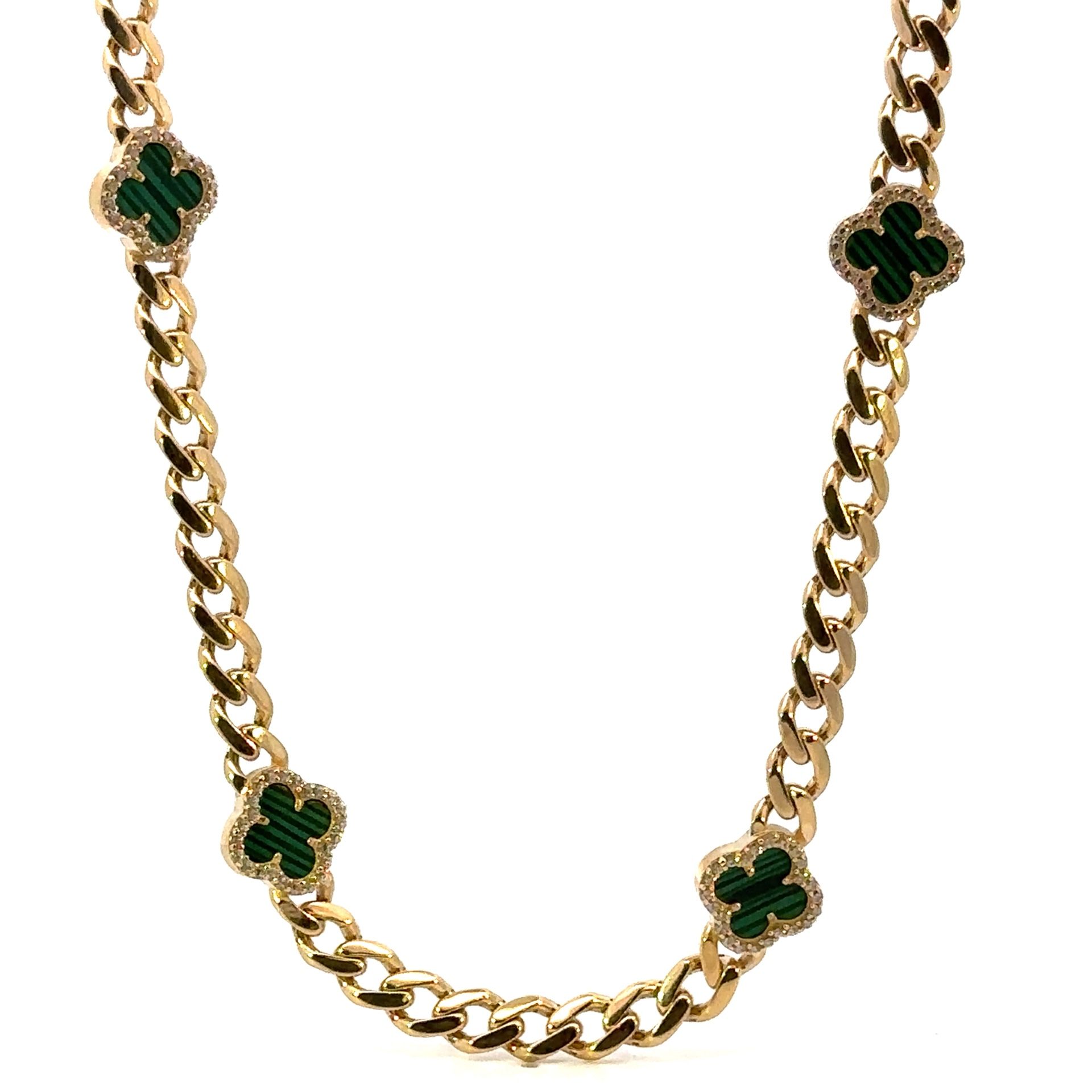 Woman’s Ladies 10k Yellow Gold 17” Inch CZ Green Clover Cuban Chain Necklace GP3120317
