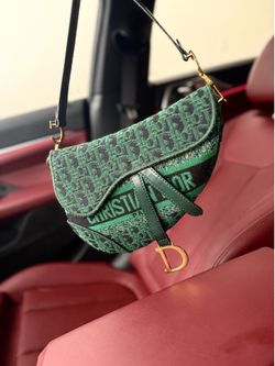 Designer Christian Dior Green & Black Oblique Canvas Saddle Bag