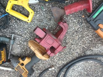Two pairs of bolt cutters one cable cutter DeWalt impact your charger no battery a brad nailer.. miscellaneous tools.. air compressor... Vintage toolb